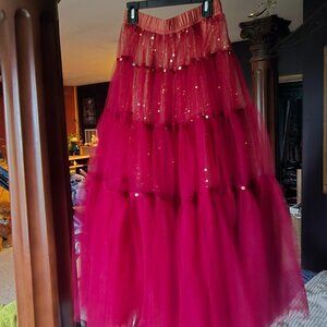 FRENCH RED HANDMADE SEQUINS CC CRYSTAL WRINGLED PATCHWORK TULLE SKIRT L USA M